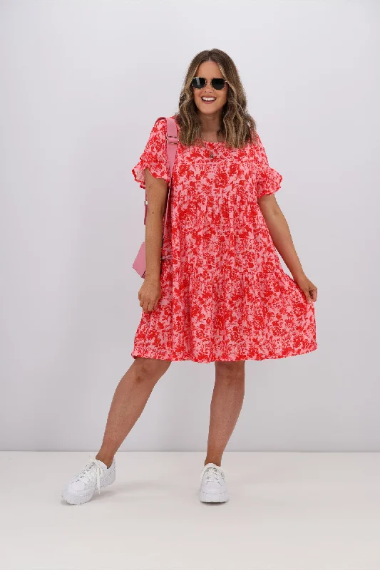 Gloss by Shine On Bramley Frill Sleeve Dress Pink Red Floral