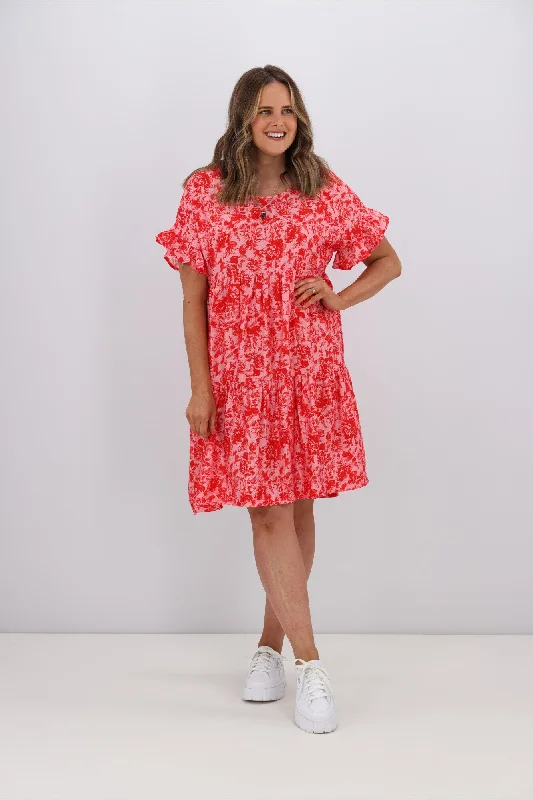 Gloss by Shine On Bramley Frill Sleeve Dress Pink Red Floral