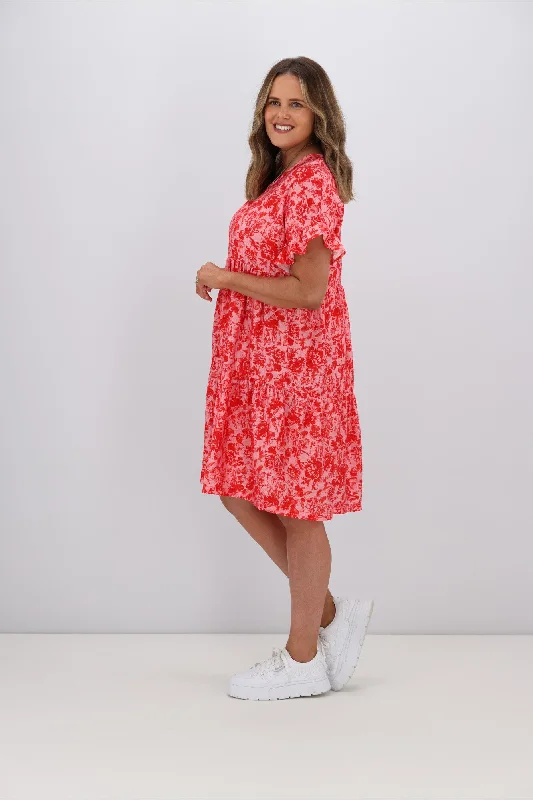 Gloss by Shine On Bramley Frill Sleeve Dress Pink Red Floral