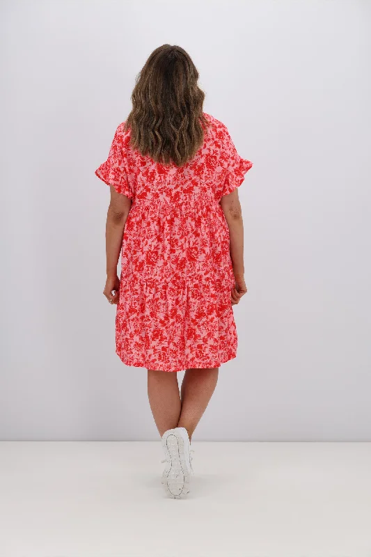 Gloss by Shine On Bramley Frill Sleeve Dress Pink Red Floral