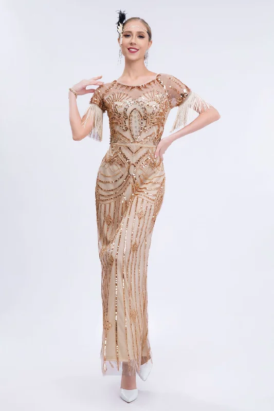 Golden Sheath Long 1920s Dress with Fringes