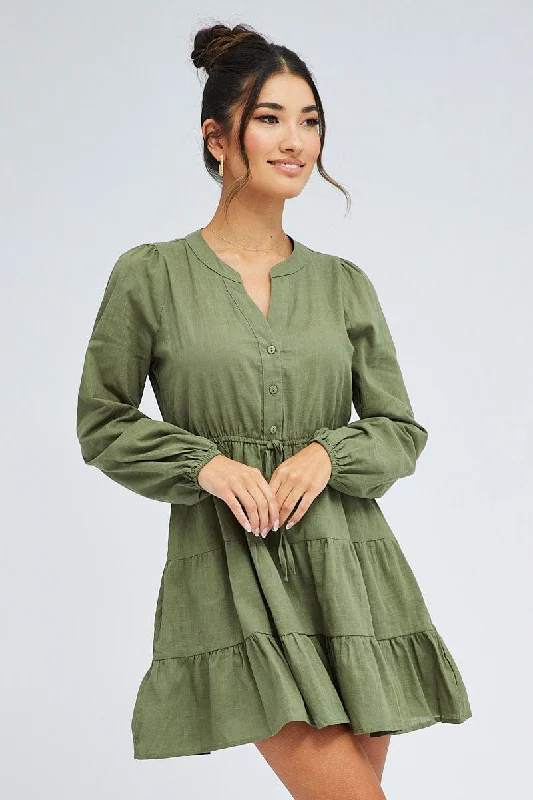 Green Shirt Dress Long Sleeve Tiered