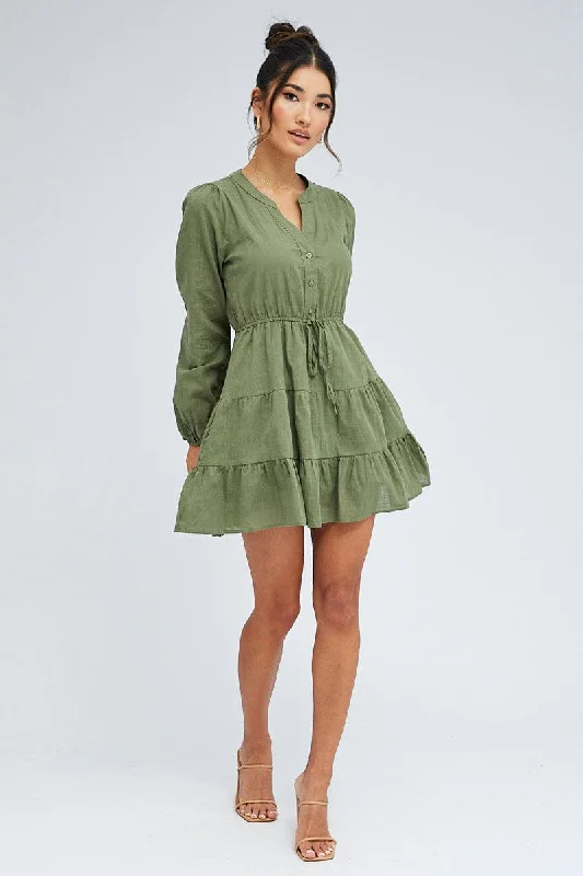 Green Shirt Dress Long Sleeve Tiered