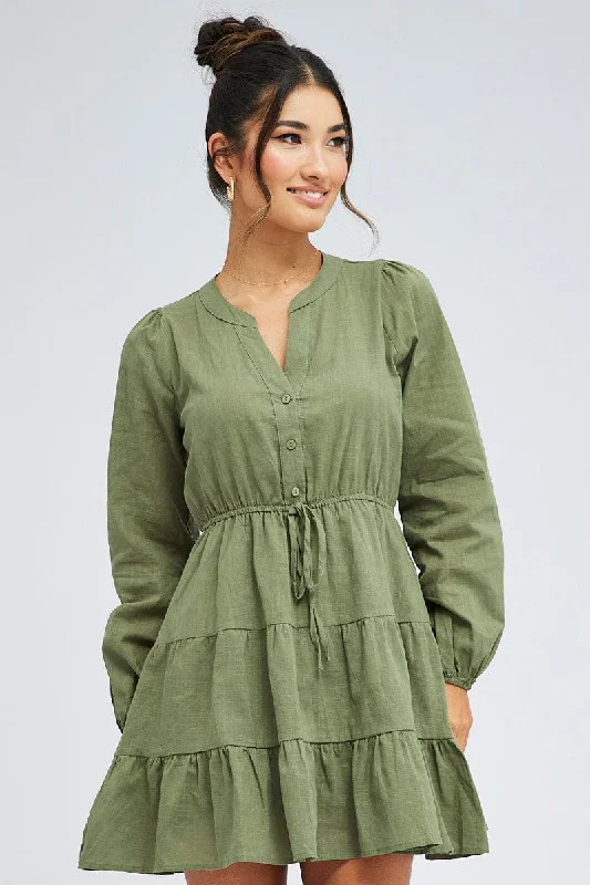 Green Shirt Dress Long Sleeve Tiered