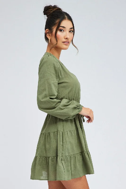 Green Shirt Dress Long Sleeve Tiered