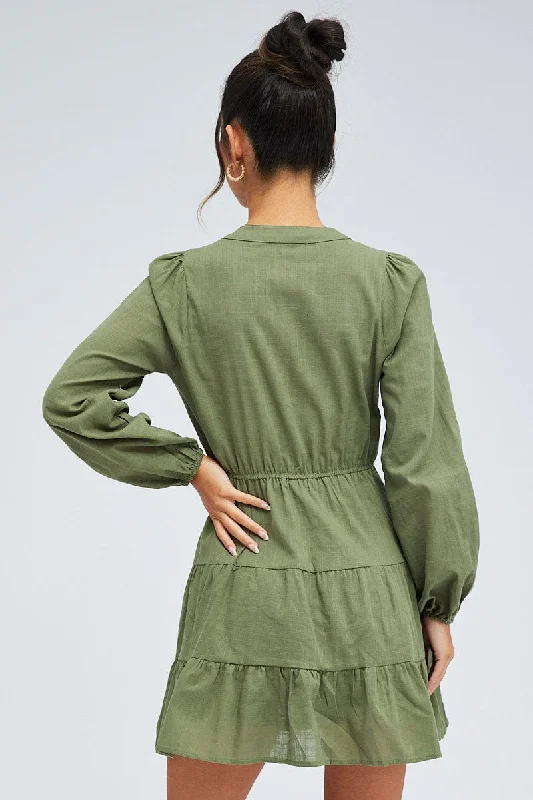 Green Shirt Dress Long Sleeve Tiered