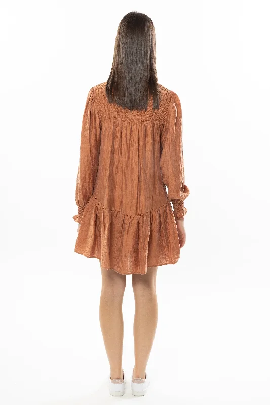 Hugged Copper Texture  Shirred LS Mini Dress