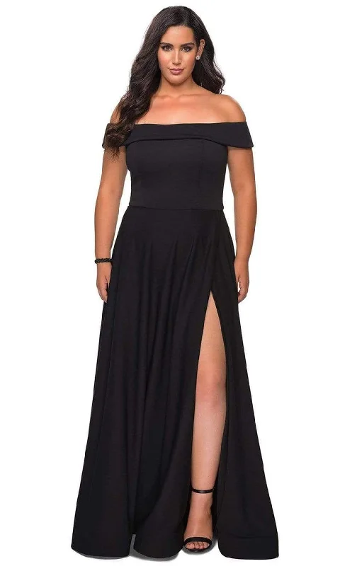 La Femme - 29007 Off-Shoulder High Slit Modest Prom A-Line Gown