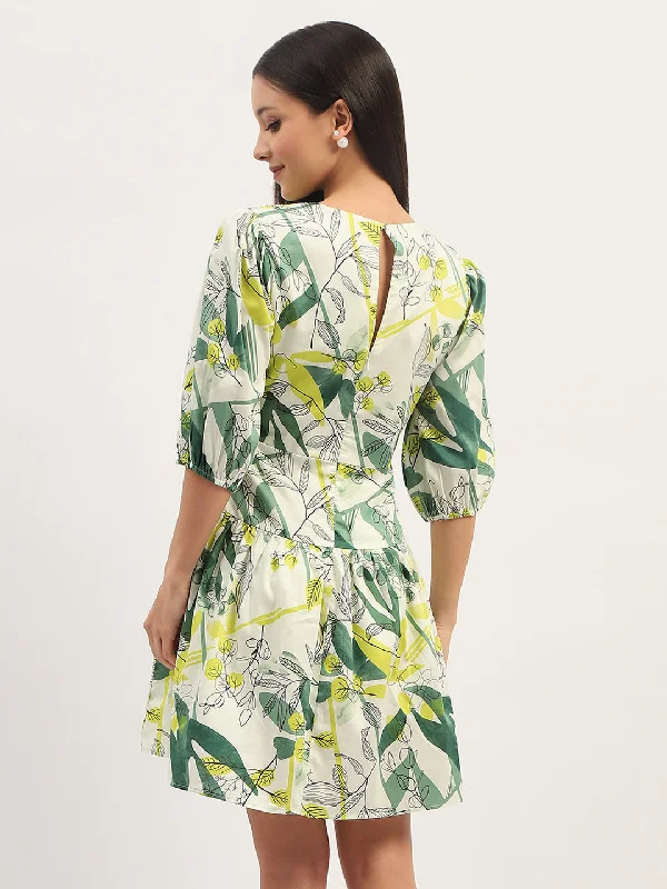 Madame Tier Print Fit and Flare Cotton Lime Mini Dress