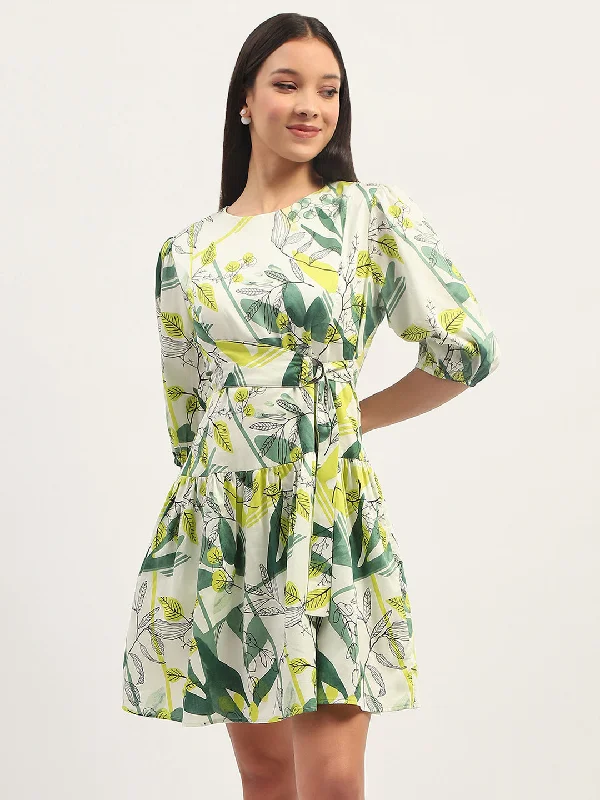 Madame Tier Print Fit and Flare Cotton Lime Mini Dress