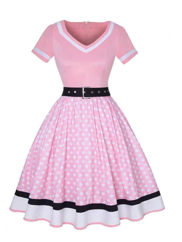 Multicolor 1950s Polka Dots Patchwork Belted Dress