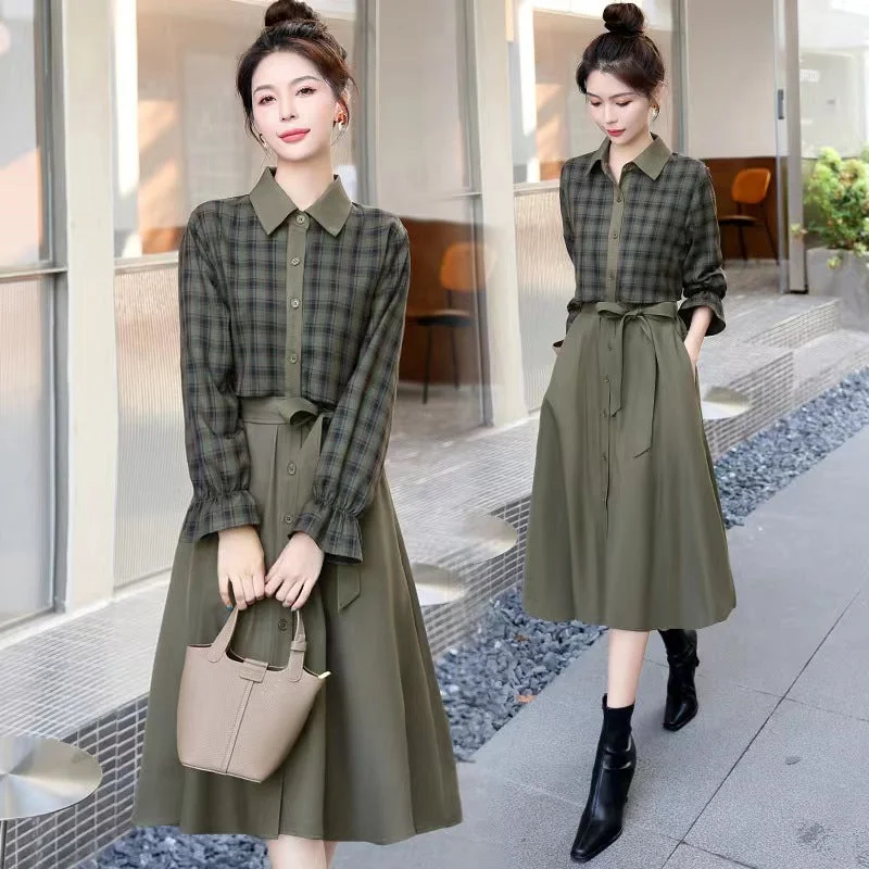 NiDELL Autumn Plaid Shirt Dress for Women . New Hot Mom Waist-Tight Temperament Slimming Fake Two Pieces Leisure Dress