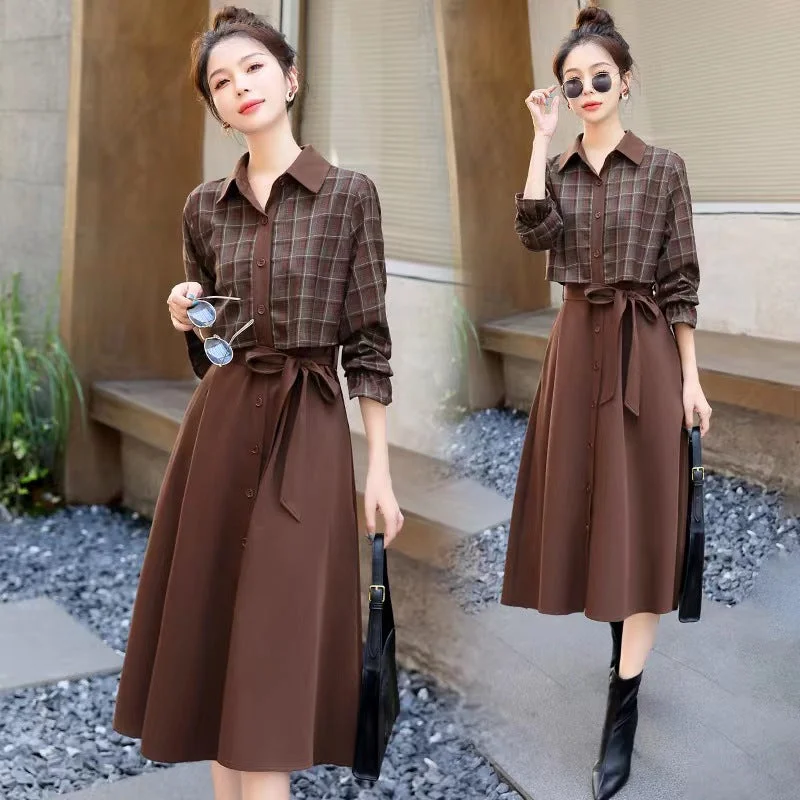 NiDELL Autumn Plaid Shirt Dress for Women . New Hot Mom Waist-Tight Temperament Slimming Fake Two Pieces Leisure Dress