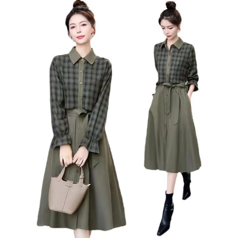 NiDELL Autumn Plaid Shirt Dress for Women . New Hot Mom Waist-Tight Temperament Slimming Fake Two Pieces Leisure Dress