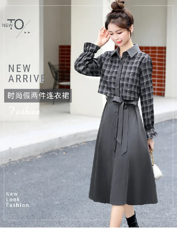 NiDELL Autumn Plaid Shirt Dress for Women . New Hot Mom Waist-Tight Temperament Slimming Fake Two Pieces Leisure Dress