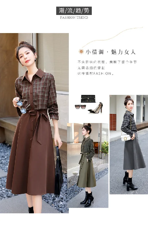 NiDELL Autumn Plaid Shirt Dress for Women . New Hot Mom Waist-Tight Temperament Slimming Fake Two Pieces Leisure Dress