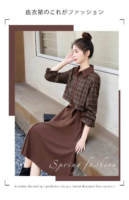 NiDELL Autumn Plaid Shirt Dress for Women . New Hot Mom Waist-Tight Temperament Slimming Fake Two Pieces Leisure Dress