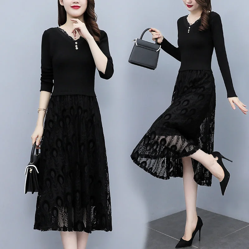 NiDELL Mid-Length Lace Long-Sleeved Dress . Spring and Autumn Knitted Younger Mom Dress Autumn and Winter V-neck Temperament Long Dress