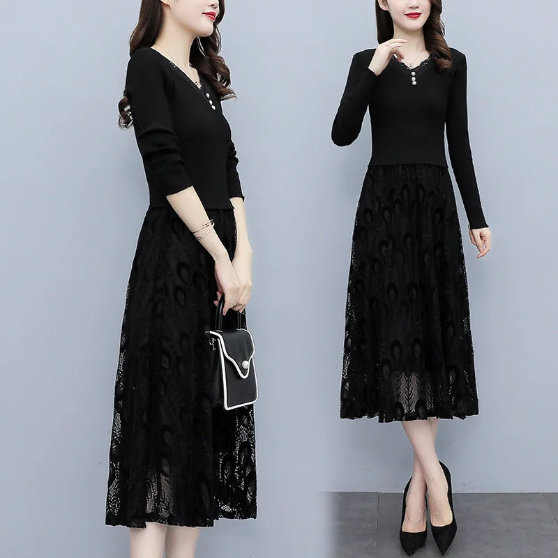 NiDELL Mid-Length Lace Long-Sleeved Dress . Spring and Autumn Knitted Younger Mom Dress Autumn and Winter V-neck Temperament Long Dress