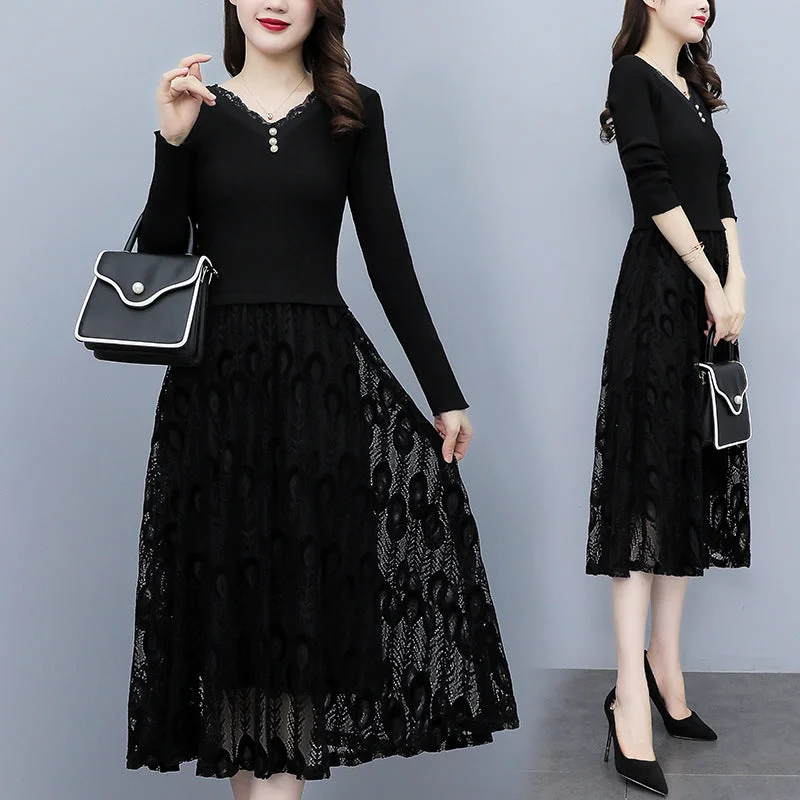 NiDELL Mid-Length Lace Long-Sleeved Dress . Spring and Autumn Knitted Younger Mom Dress Autumn and Winter V-neck Temperament Long Dress