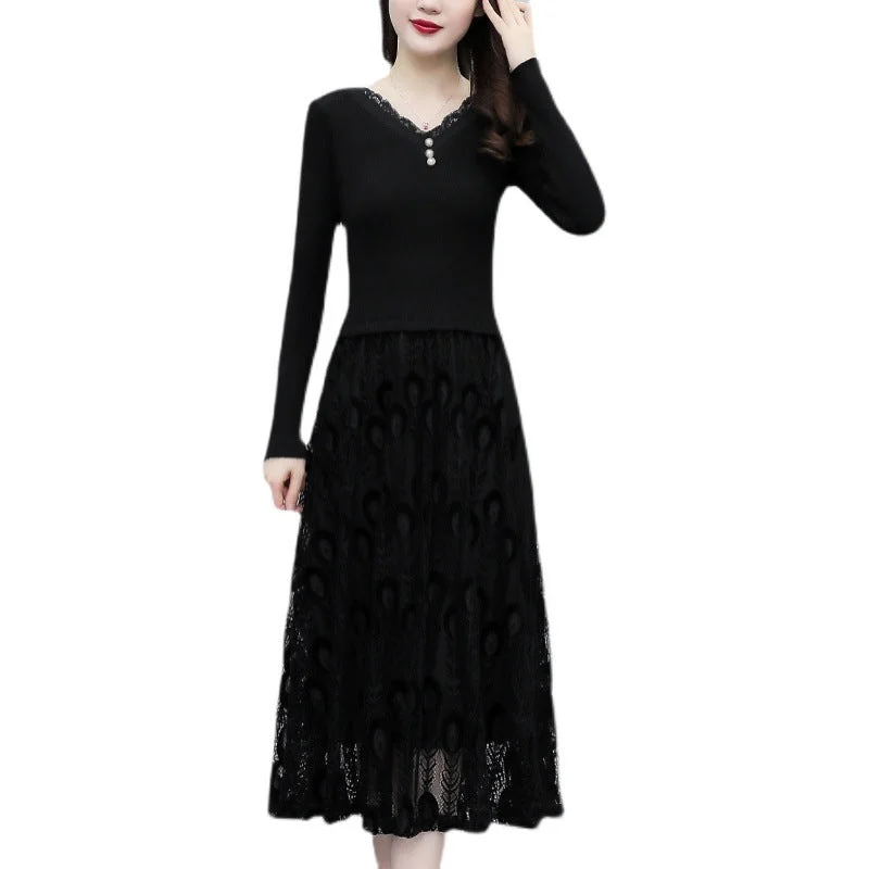 NiDELL Mid-Length Lace Long-Sleeved Dress . Spring and Autumn Knitted Younger Mom Dress Autumn and Winter V-neck Temperament Long Dress