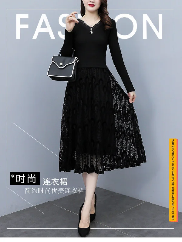 NiDELL Mid-Length Lace Long-Sleeved Dress . Spring and Autumn Knitted Younger Mom Dress Autumn and Winter V-neck Temperament Long Dress