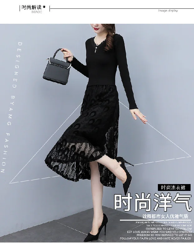 NiDELL Mid-Length Lace Long-Sleeved Dress . Spring and Autumn Knitted Younger Mom Dress Autumn and Winter V-neck Temperament Long Dress