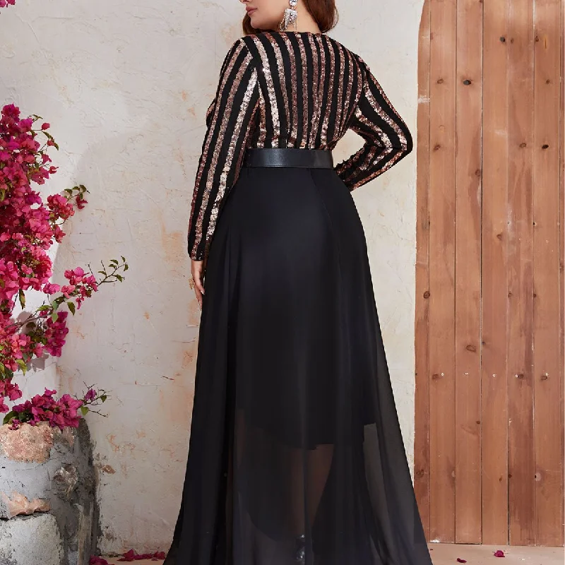 NiDELL New plus Size Dress Sequined Chiffon Long Sleeve V-neck Prom Evening Long Dress-Fmgn512