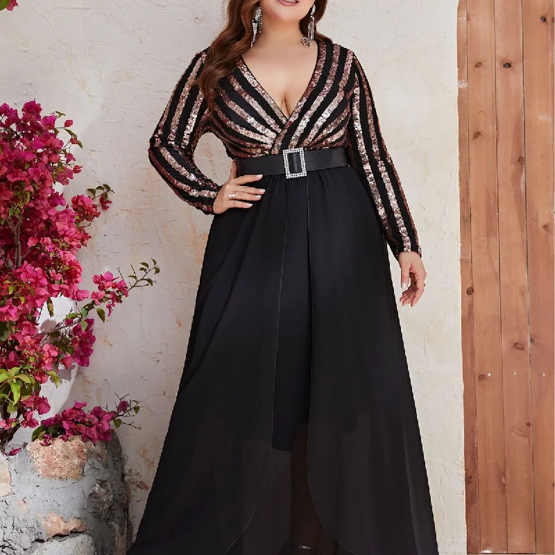 NiDELL New plus Size Dress Sequined Chiffon Long Sleeve V-neck Prom Evening Long Dress-Fmgn512