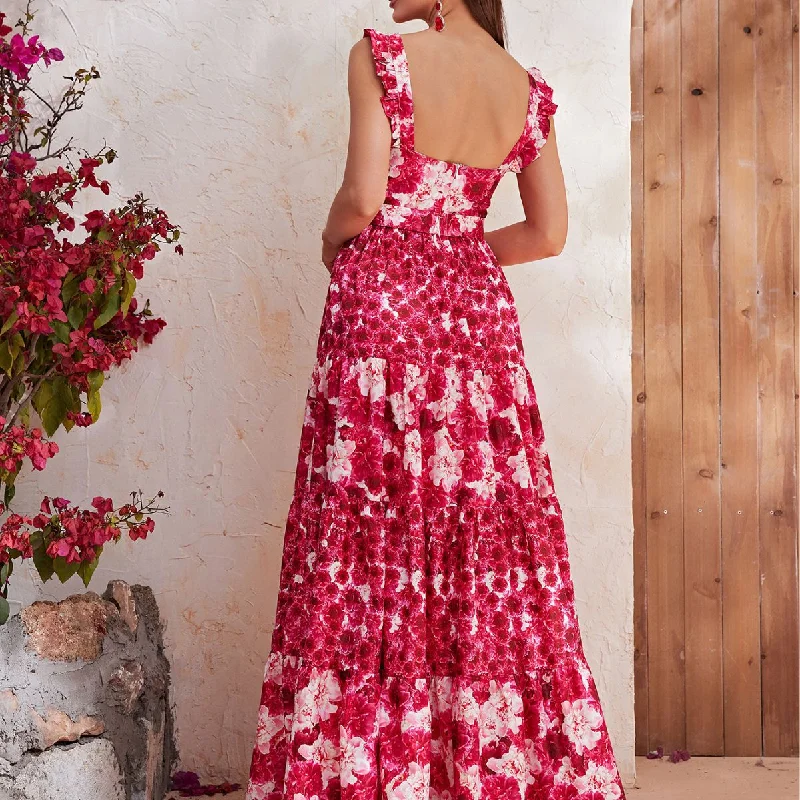 NiDELL New Products in Stock Floral Dress Chiffon Floral Strap Holiday Long Large Hem Dress-Mgn582