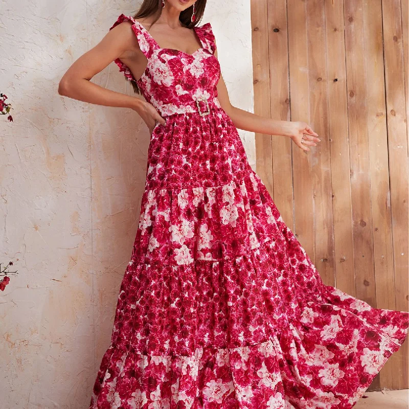 NiDELL New Products in Stock Floral Dress Chiffon Floral Strap Holiday Long Large Hem Dress-Mgn582