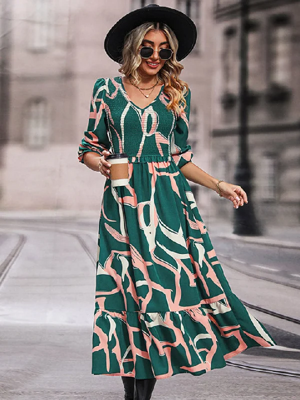 Printed Smocked Midi Dress