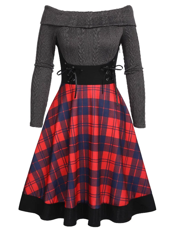 Plaids 1950s Off Shoulder Knitted Dress