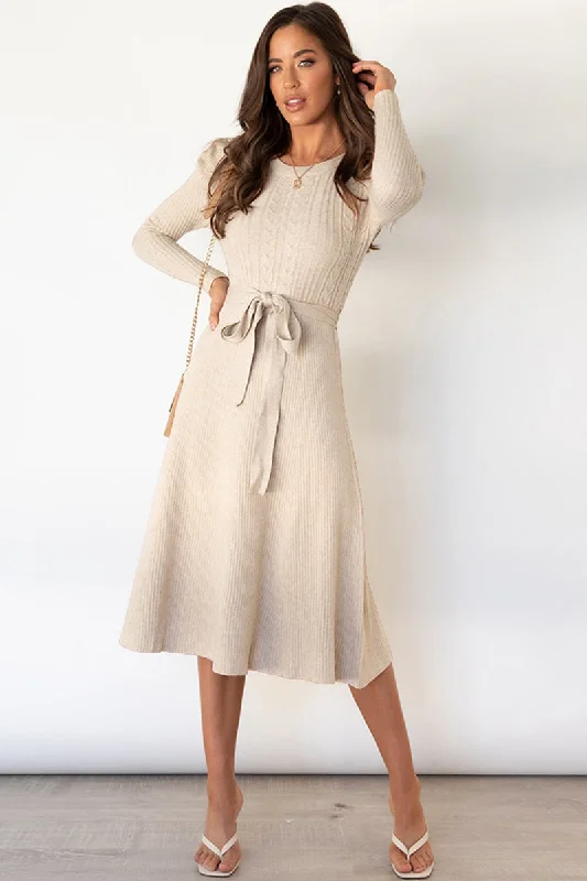 Round Neck Long Sleeve Tie Waist Midi Sweater Dress