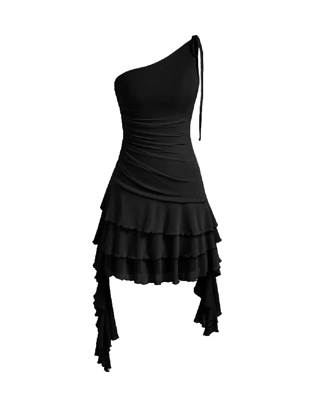 Ruffle Trimmed Asymmetrical One Shoulder Black Mini Dress