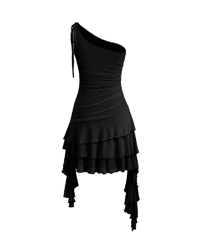 Ruffle Trimmed Asymmetrical One Shoulder Black Mini Dress