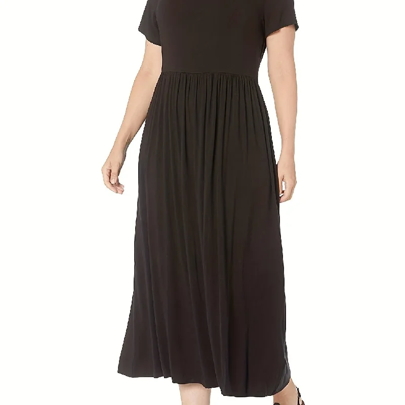 Sixsr Plus Size Casual Dress, Women's Plus Plain Ruched Short Sleeve Round Neck Medium Stretch Maxi Dress