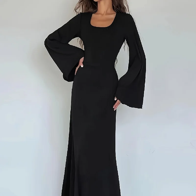 Sixsr Solid Flared Long Sleeve Dress, Casual Squared Neck Maxi Dress, Women's Clothing