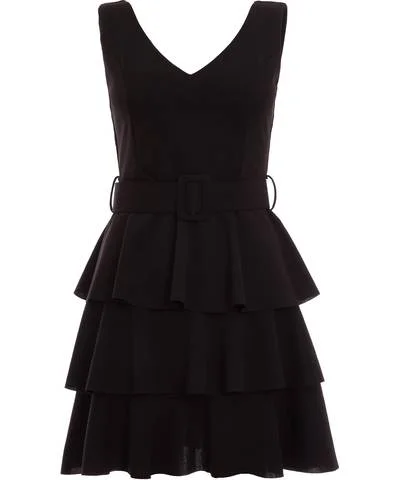 V-Neck Black Layered Belted Dress