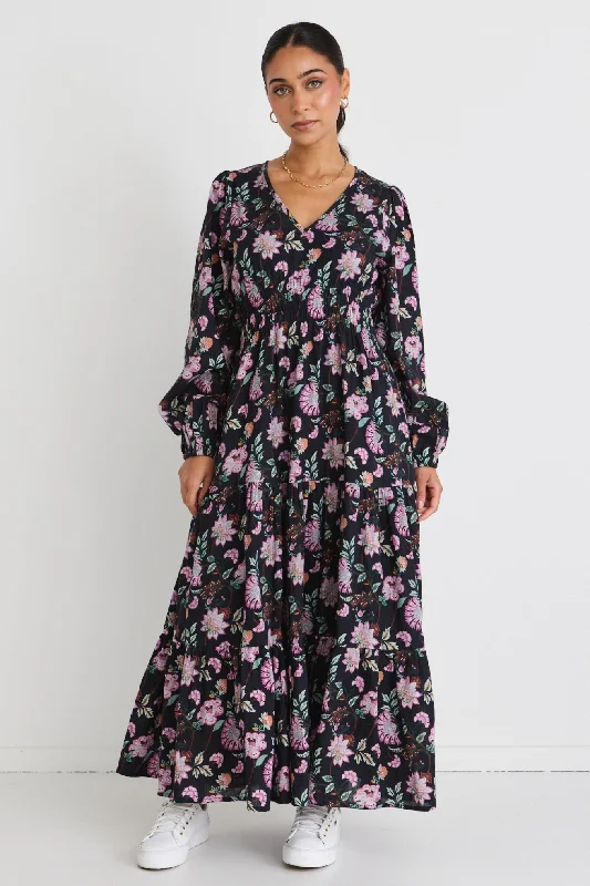 Vida Thistle Print LS V Neck Tiered Dress