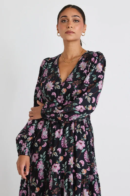 Vida Thistle Print LS V Neck Tiered Dress