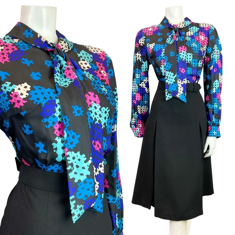 VINTAGE 60s 70s BLACK BLUE PINK GEOMETRIC BELTED PUSSYBOW SHIRT DRESS 12 14