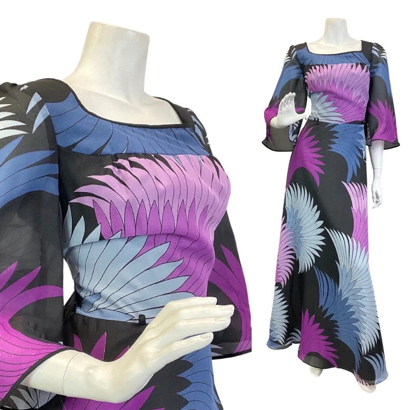 VINTAGE 60s 70s BLACK BLUE PURPLE FAN FEATHER MOD MAXI DRESS 12