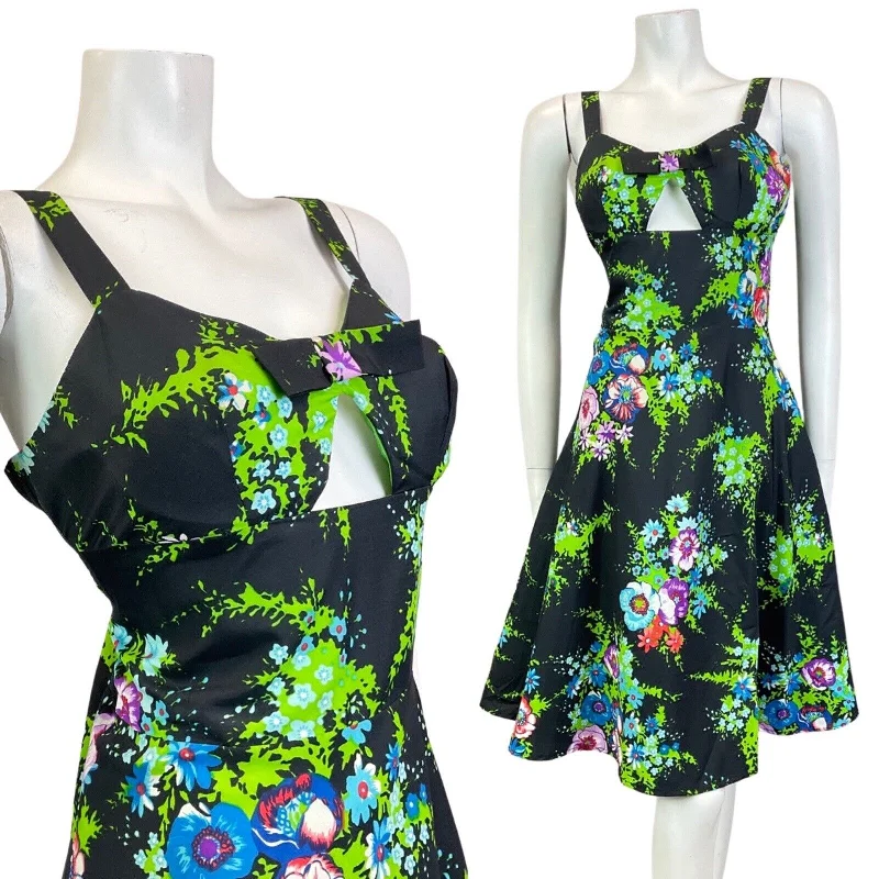 VINTAGE 60s 70s BLACK GREEN BLUE FLORAL BOUQUET CUT-OUT SUMMER SUN-DRESS 12