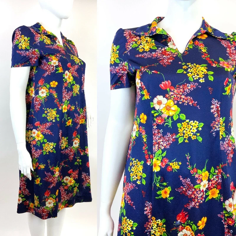 VINTAGE 60s 70s BLUE YELLOW PINK GREEN FLORAL DITSY MOD SHIRT DRESS 20 22