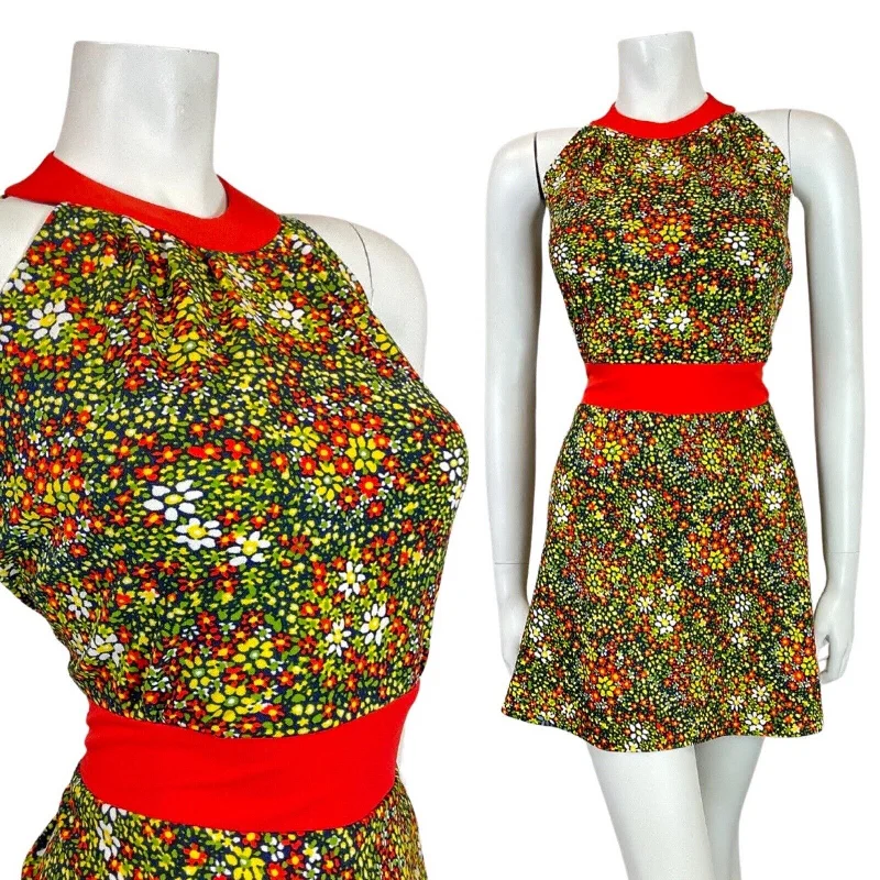 VINTAGE 60s 70s GREEN BLUE RED PSYCHEDELIC DITSY FLORAL HALTER MOD DRESS 12