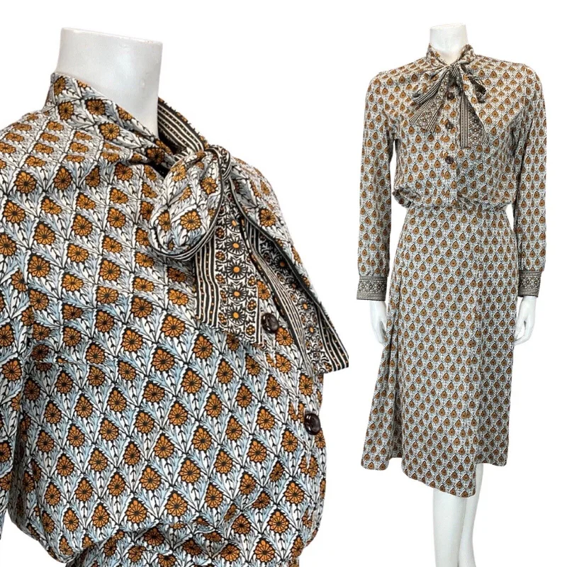 VINTAGE 60s 70s GREY ORANGE GEOMETRIC FLORAL PUSSYBOW BLOUSON SHIRT DRESS 8