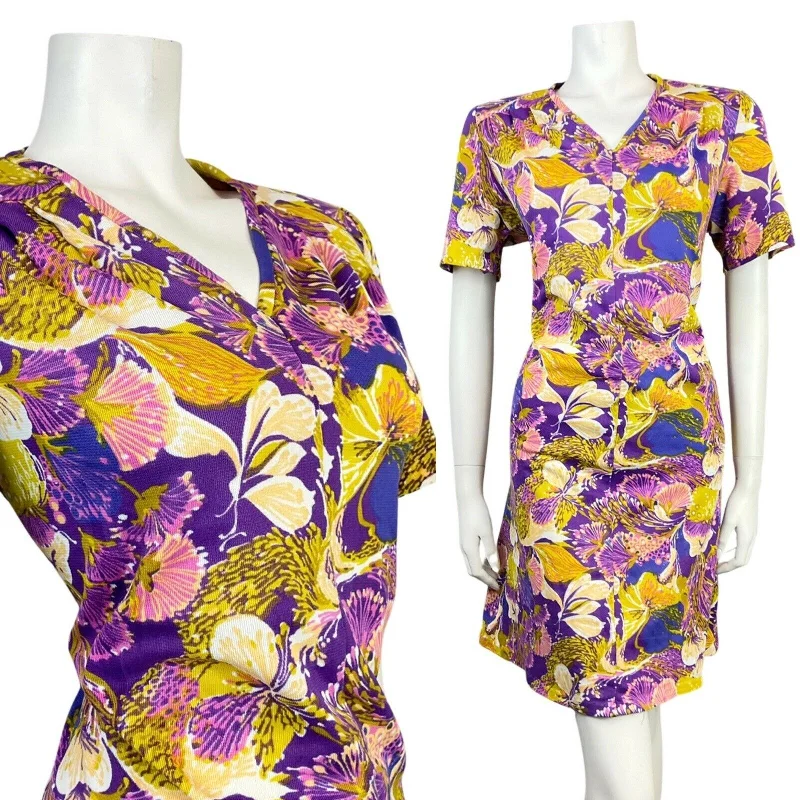 VINTAGE 60s 70s PURPLE YELLOW WHITE PSYCHEDELIC MOD FLORAL SUMMER DRESS 16 18