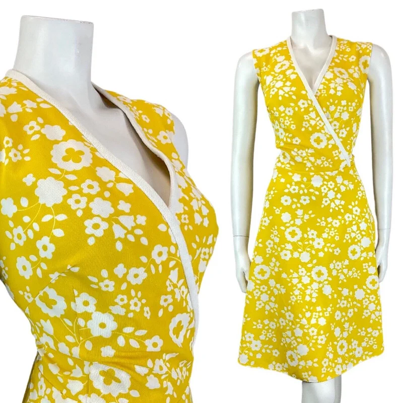 VINTAGE 60s 70s SUNSHINE YELLOW WHITE DAISY FLOWER MOD SLEEVELESS DRESS 14