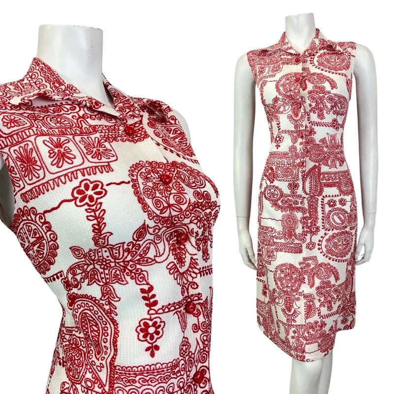 VINTAGE 60s 70s WHITE RED PSYCHEDELIC FLOWER FOLK SLEEVELESS SHIRT DRESS 12